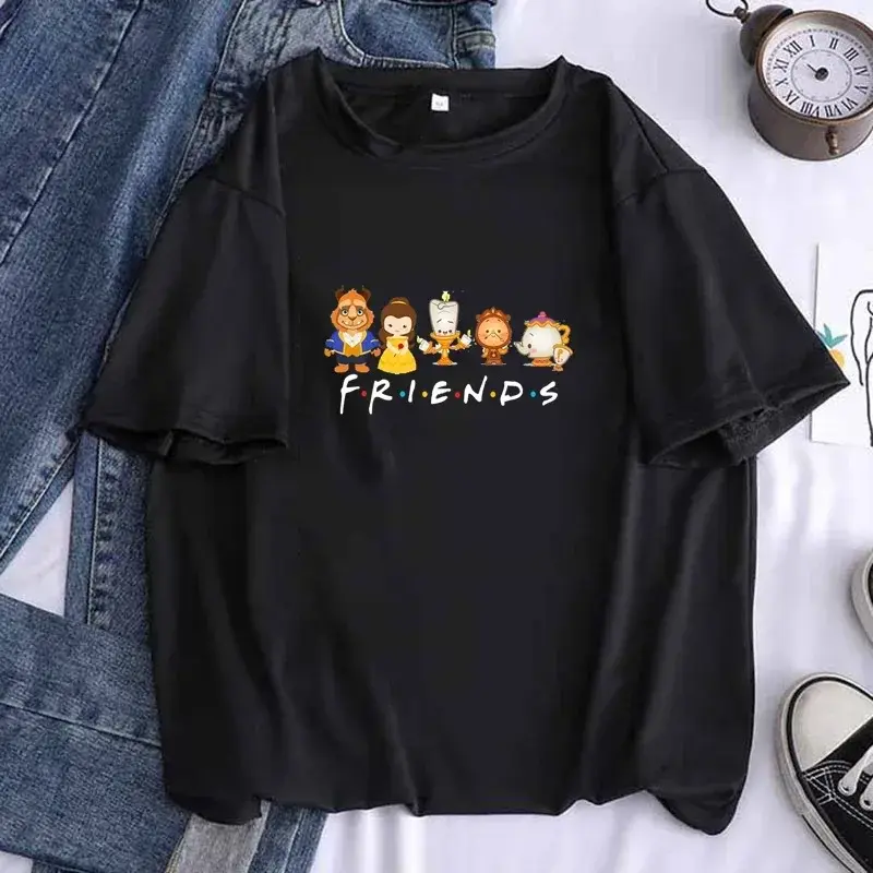 Women Beauty and The Beast Friends T Shirt 2024Casual Kawaii Hipster Cup Tees Top Female Sexy Harajuku Girl Clothes