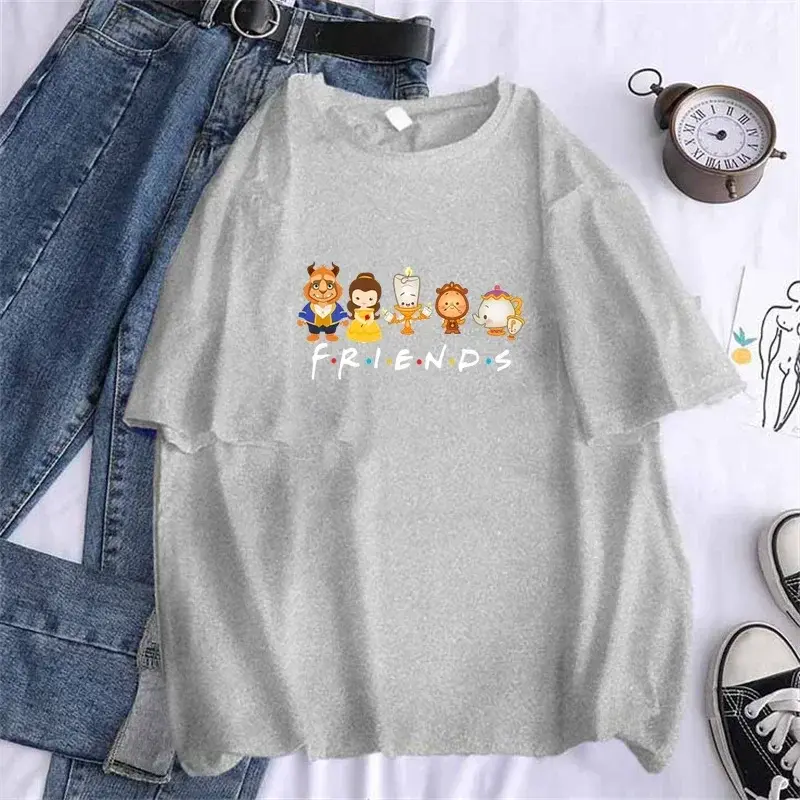 Women Beauty and The Beast Friends T Shirt 2024Casual Kawaii Hipster Cup Tees Top Female Sexy Harajuku Girl Clothes