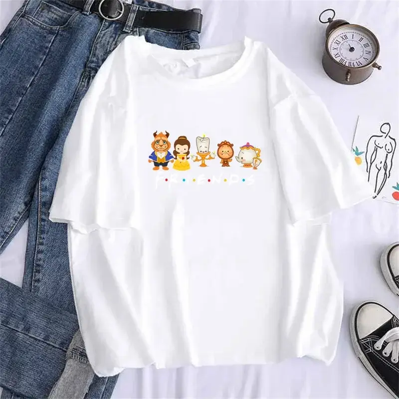 Women Beauty and The Beast Friends T Shirt 2024Casual Kawaii Hipster Cup Tees Top Female Sexy Harajuku Girl Clothes