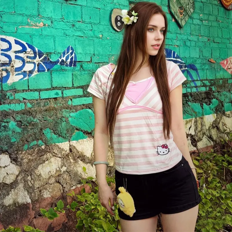 Japanese Subculture Fake Two Short-sleeved T-shirts Pink Striped Wide Necktie Tie Neck Women's Tees Y2k Sweet Spicy Slim Tops
