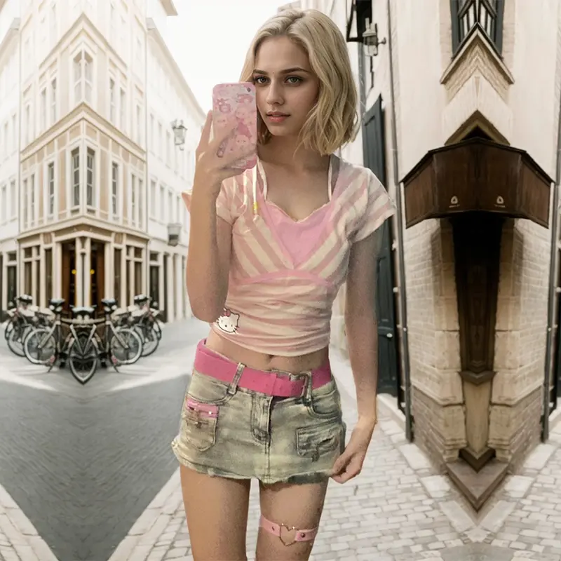 Japanese Subculture Fake Two Short-sleeved T-shirts Pink Striped Wide Necktie Tie Neck Women's Tees Y2k Sweet Spicy Slim Tops