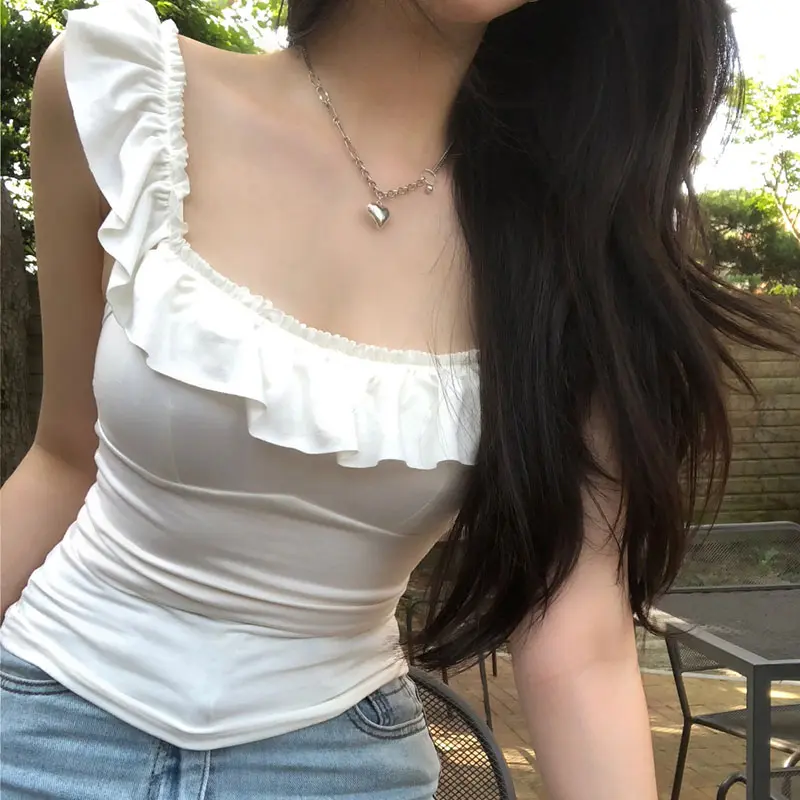 IAMHOTTY Chic Elegant Ruffle Neck Crop Top Women's Korean Style Slim-fitting Square Collar T-shirts French Coquette Casual Tees