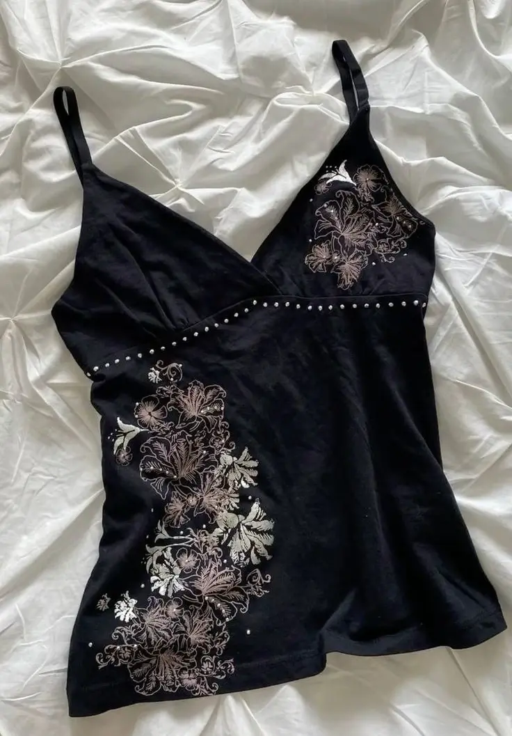 Y2K Sexy Hot Girl Clothes Harajuku Black Retro Print Rhinestone Mini Suspender V Neck Camis Goth Fashion Slim Fit Women Clothing