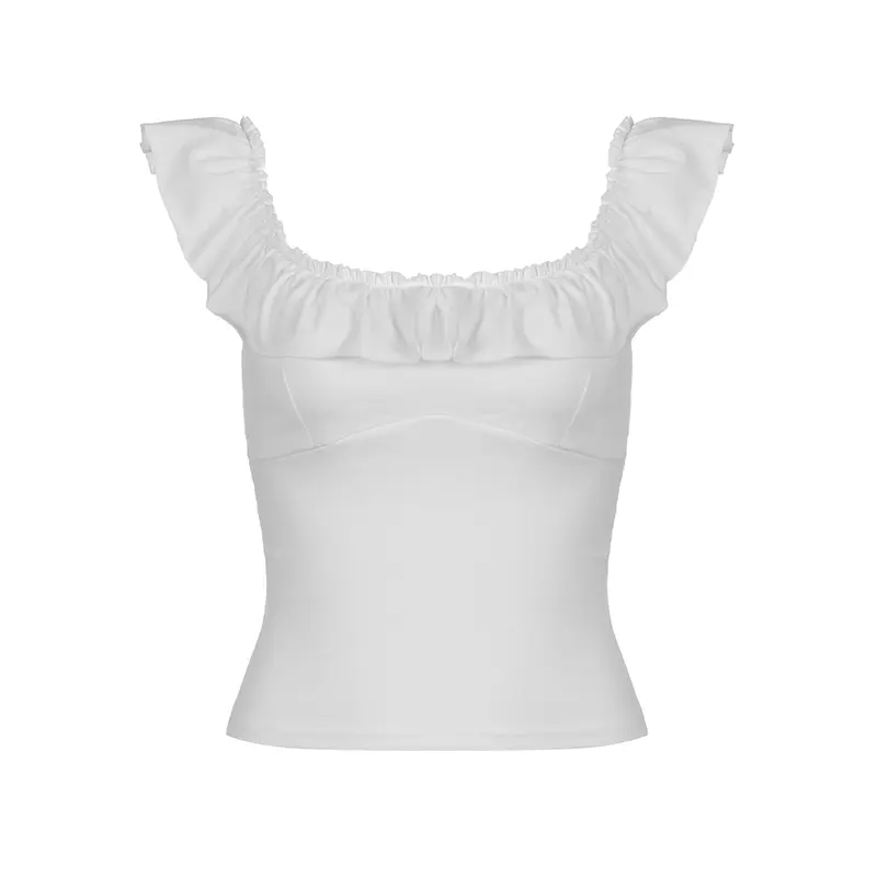 IAMHOTTY Chic Elegant Ruffle Neck Crop Top Women's Korean Style Slim-fitting Square Collar T-shirts French Coquette Casual Tees