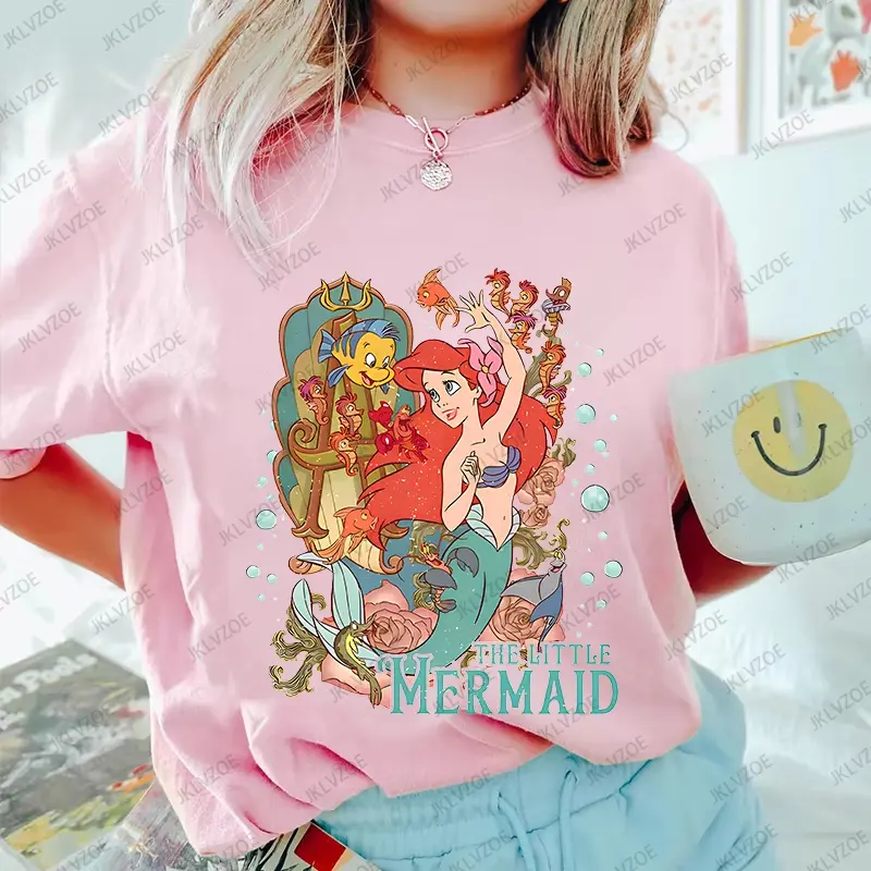 MINISO Summer New Disney The Little Mermaid Ariel Printed Women T-shirts Short Sleeve Cotton O-neck Tees Casual Fashion Tops