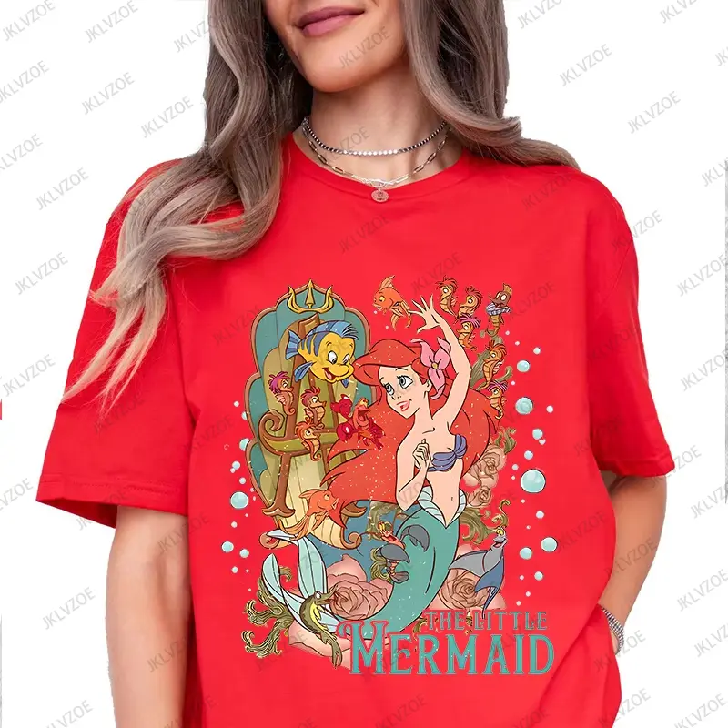 MINISO Summer New Disney The Little Mermaid Ariel Printed Women T-shirts Short Sleeve Cotton O-neck Tees Casual Fashion Tops