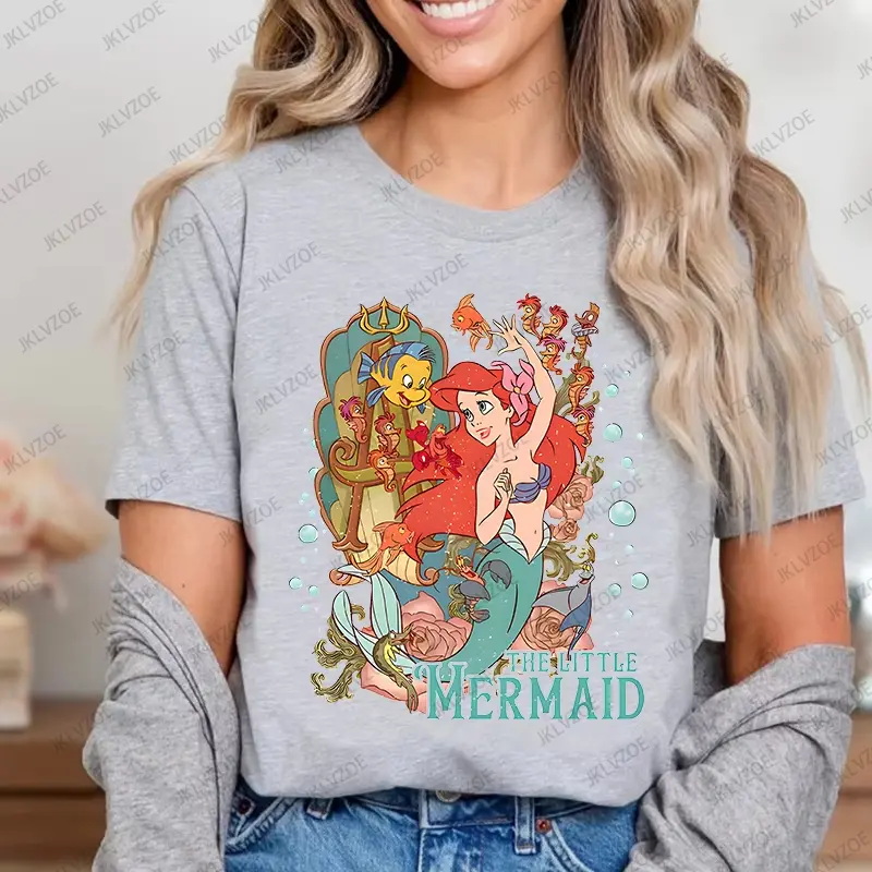 MINISO Summer New Disney The Little Mermaid Ariel Printed Women T-shirts Short Sleeve Cotton O-neck Tees Casual Fashion Tops