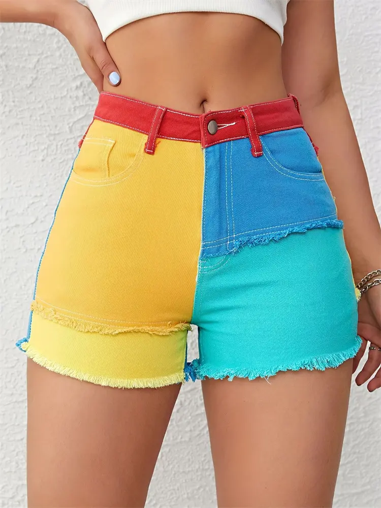 Women's Splicing Contrasting Fringed Shorts Cool Girl Straight Mini Trousers Female Wide Leg Summer Color Blocks Hot Pants