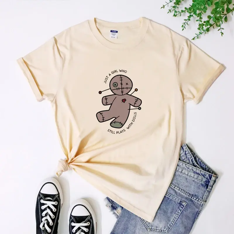 Just A Girl Who Still Plays With Dolls T-shirt Gothic Egirl Voodoo Doll Tshirt Funny Witchy Woman Witchcraft Tee Shirt Top