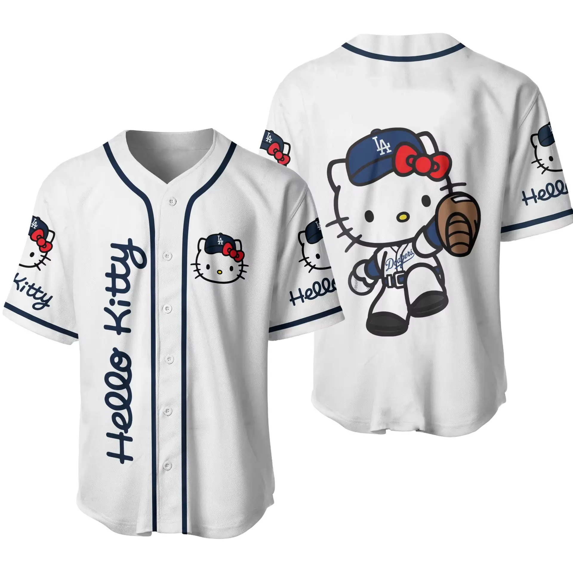 Disney Baseball Jersey 3D Printed Hello Kitty Short-Sleeved Jersey Button Opening Quick-Drying Girls' Sports Training T-shirt To