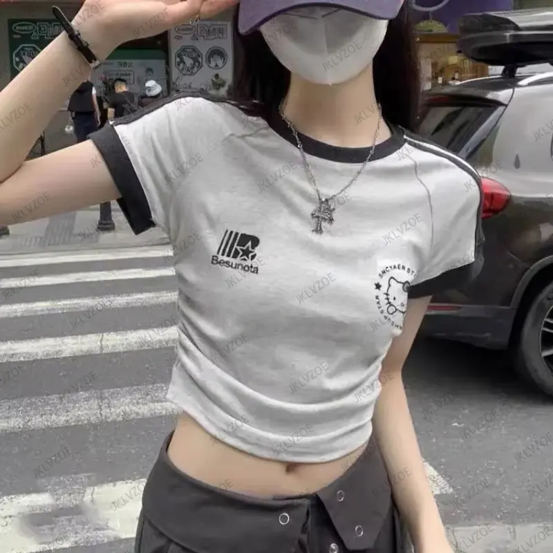 MINISO Summer New Cartoon Sanrio Hello Kitty T-shirt For Women's Short Sleeve O-neck Tees Casual Sports Football Jersey Y2K Tops