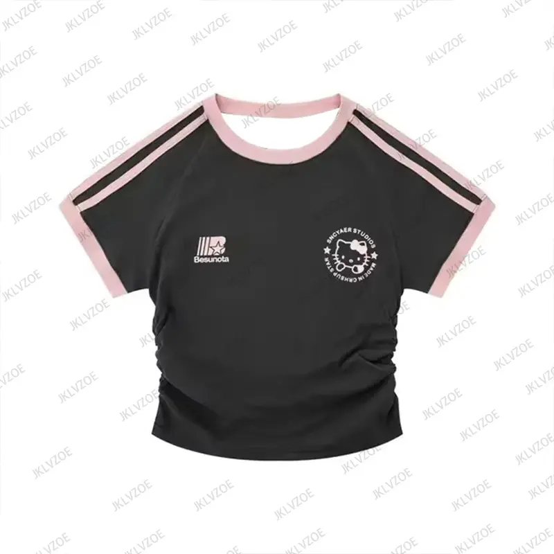 MINISO Summer New Cartoon Sanrio Hello Kitty T-shirt For Women's Short Sleeve O-neck Tees Casual Sports Football Jersey Y2K Tops