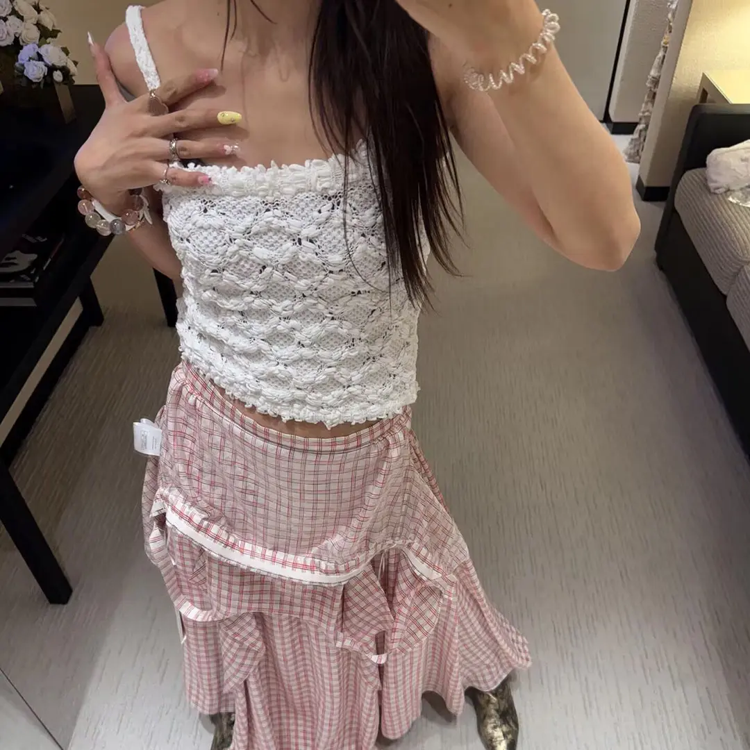 2025 New Fashion Summer Knitted Crochet Geometric Pattern Straps Camis Women Sweet Girl Sexy Slim Fit Tank Tops