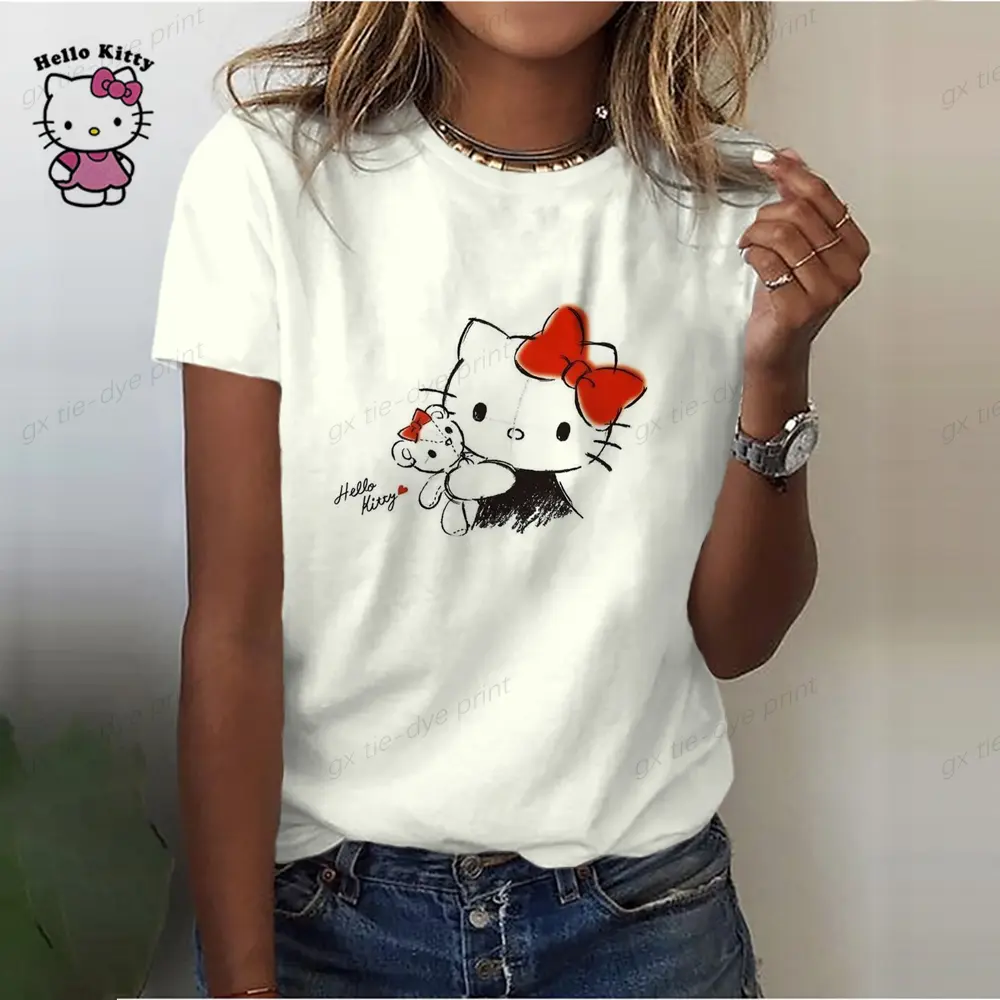 Comfortable Casual Women's Clothing Black Top Girl Women's T-shirt Casual Kawaii Hello Kitty Cartoon Pattern Print Tshirt
