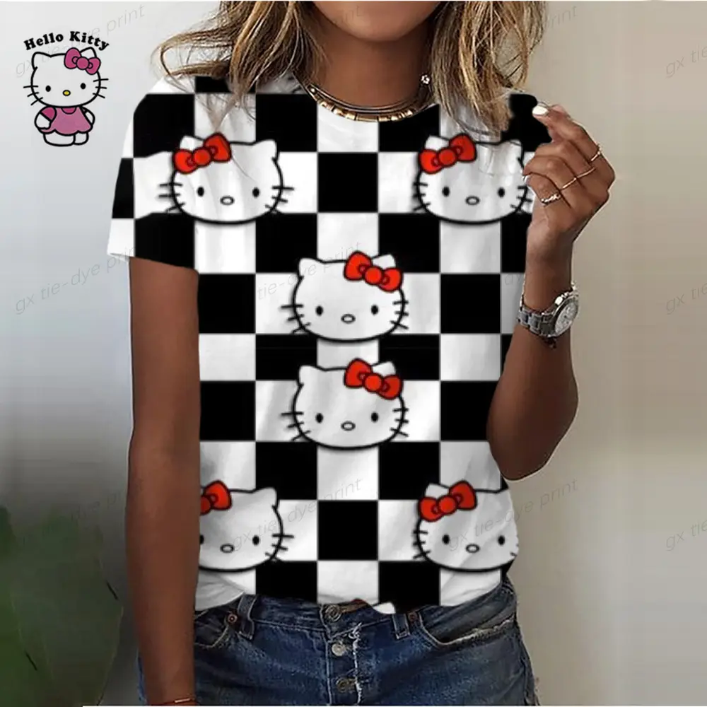 Comfortable Casual Women's Clothing Black Top Girl Women's T-shirt Casual Kawaii Hello Kitty Cartoon Pattern Print Tshirt