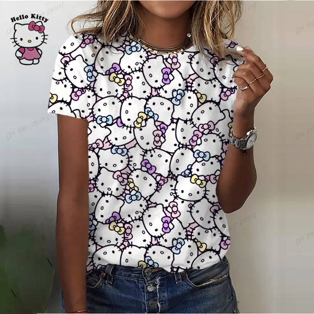 Comfortable Casual Women's Clothing Black Top Girl Women's T-shirt Casual Kawaii Hello Kitty Cartoon Pattern Print Tshirt