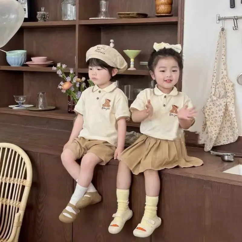 Matching Suits for Girl Boy Polo Shirt Shorts Pleated Skirt Set Cartoon Bear Coffee Color Clothes Brother Sister Outfit X2320
