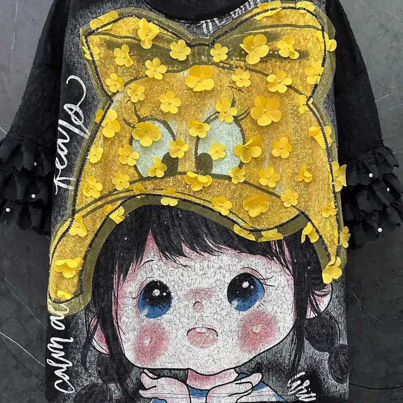 2025 Summer Tees Heavy Industry New Kawaii Girl 3D Decal Decoration Short-sleeved T-shirt Loose Casual Sweet Top Pullover Ladies