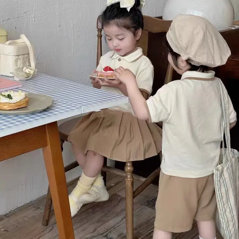 Matching Suits for Girl Boy Polo Shirt Shorts Pleated Skirt Set Cartoon Bear Coffee Color Clothes Brother Sister Outfit X2320