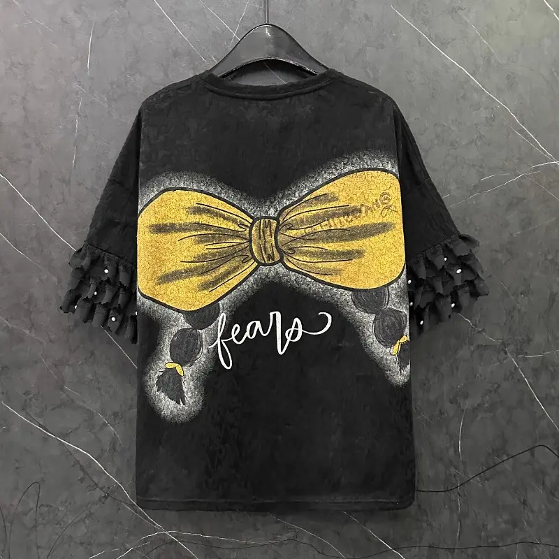 2025 Summer Tees Heavy Industry New Kawaii Girl 3D Decal Decoration Short-sleeved T-shirt Loose Casual Sweet Top Pullover Ladies