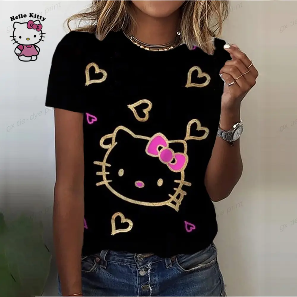 Comfortable Casual Women's Clothing Black Top Girl Women's T-shirt Casual Kawaii Hello Kitty Cartoon Pattern Print Tshirt