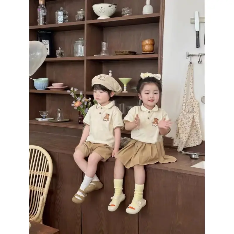 Matching Suits for Girl Boy Polo Shirt Shorts Pleated Skirt Set Cartoon Bear Coffee Color Clothes Brother Sister Outfit X2320