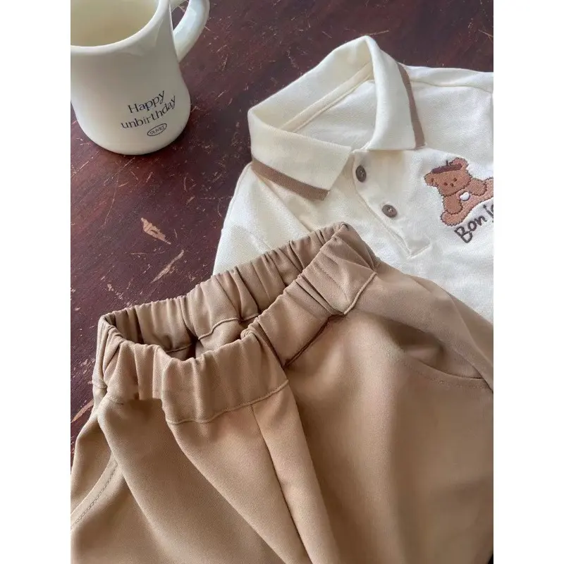 Matching Suits for Girl Boy Polo Shirt Shorts Pleated Skirt Set Cartoon Bear Coffee Color Clothes Brother Sister Outfit X2320