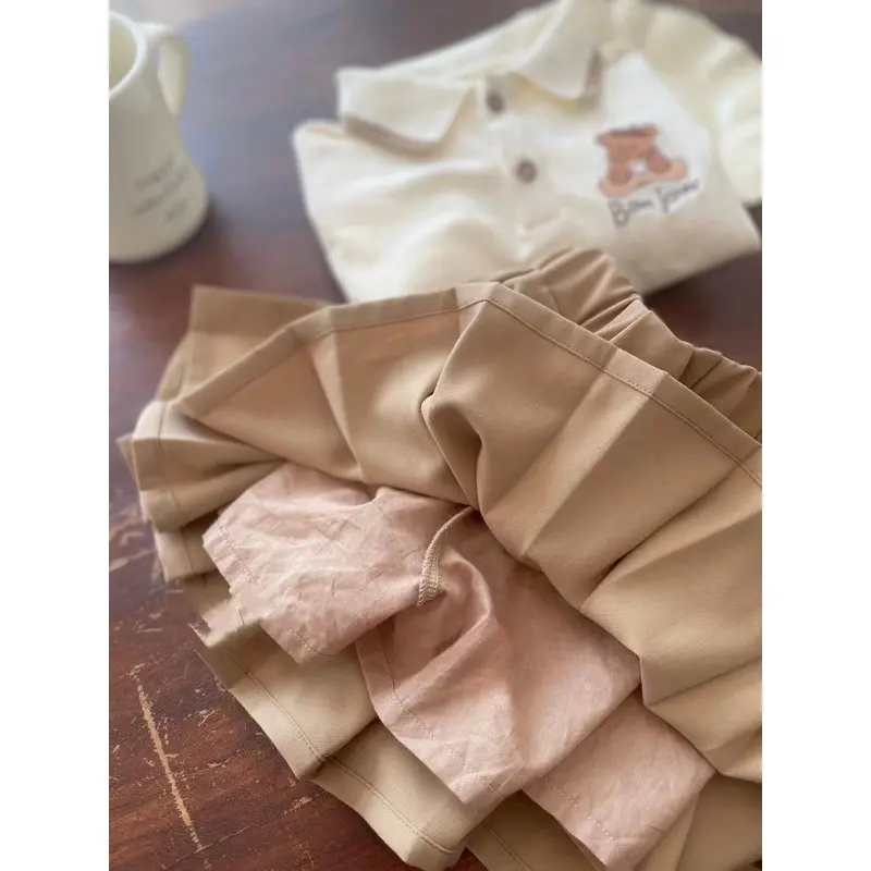 Matching Suits for Girl Boy Polo Shirt Shorts Pleated Skirt Set Cartoon Bear Coffee Color Clothes Brother Sister Outfit X2320