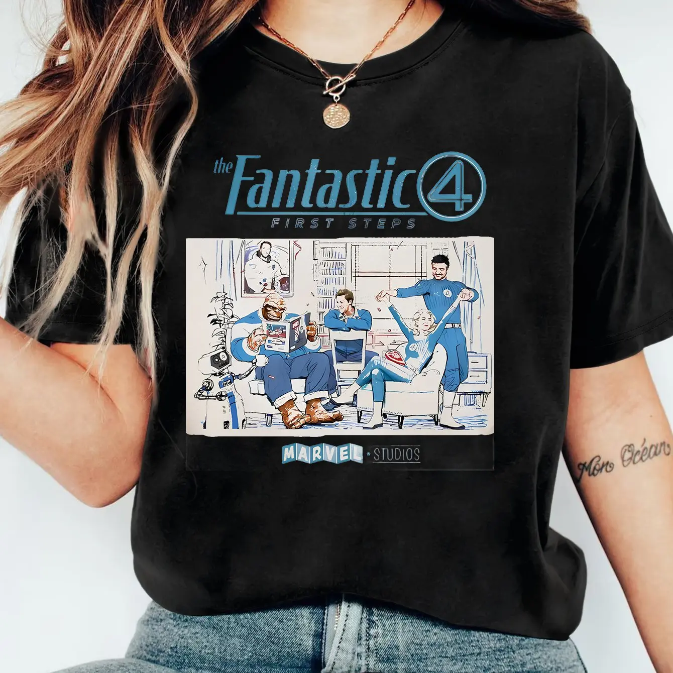 Disney Fantastic Four Retro Style Character Print Summer T-shirt Boys Girls Casual Sports Family Parent-child Wear Short-sleeved
