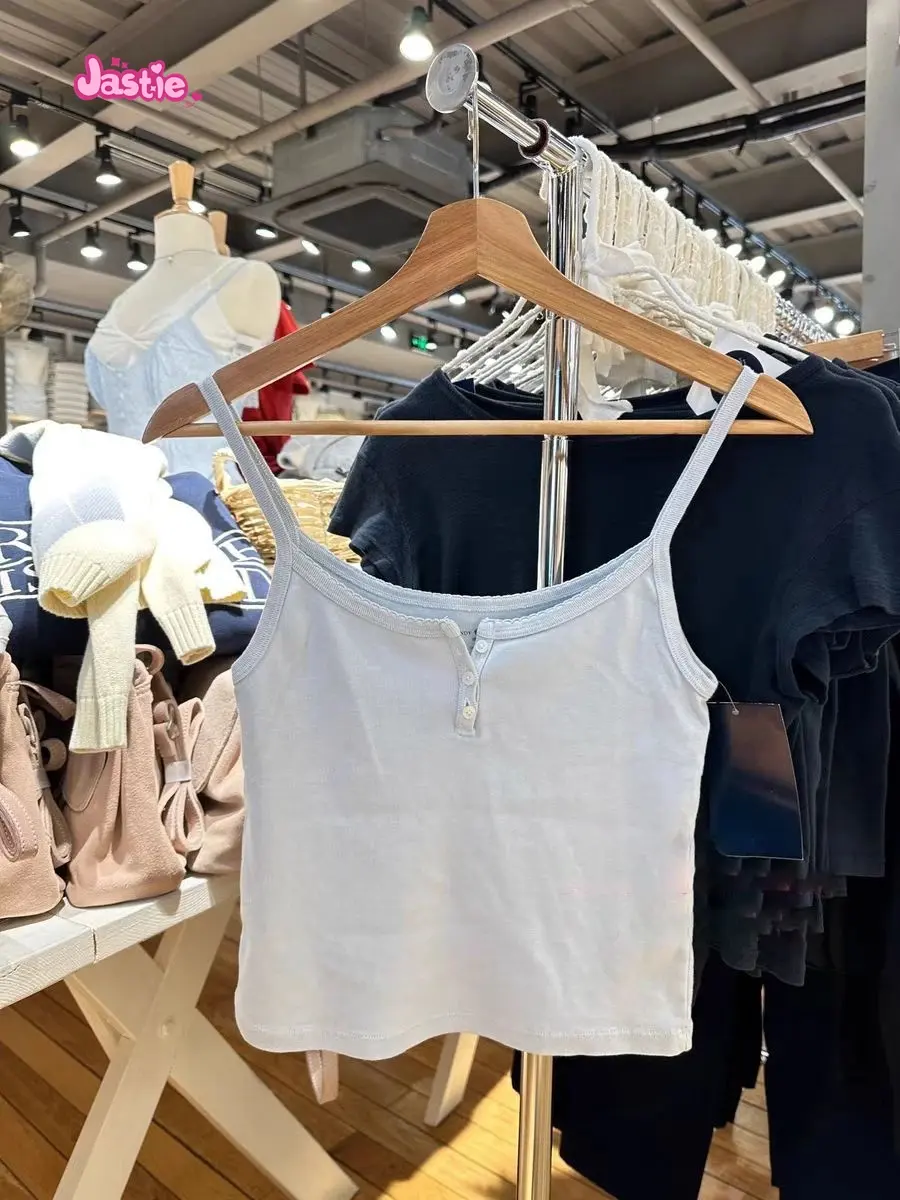 2024 Summer Blue Slim Tank Top Women Sleeveless Soft Cotton Ribbed Cropped Vest Sweet Girl Three Buttons Basic Crop Tops Y2k