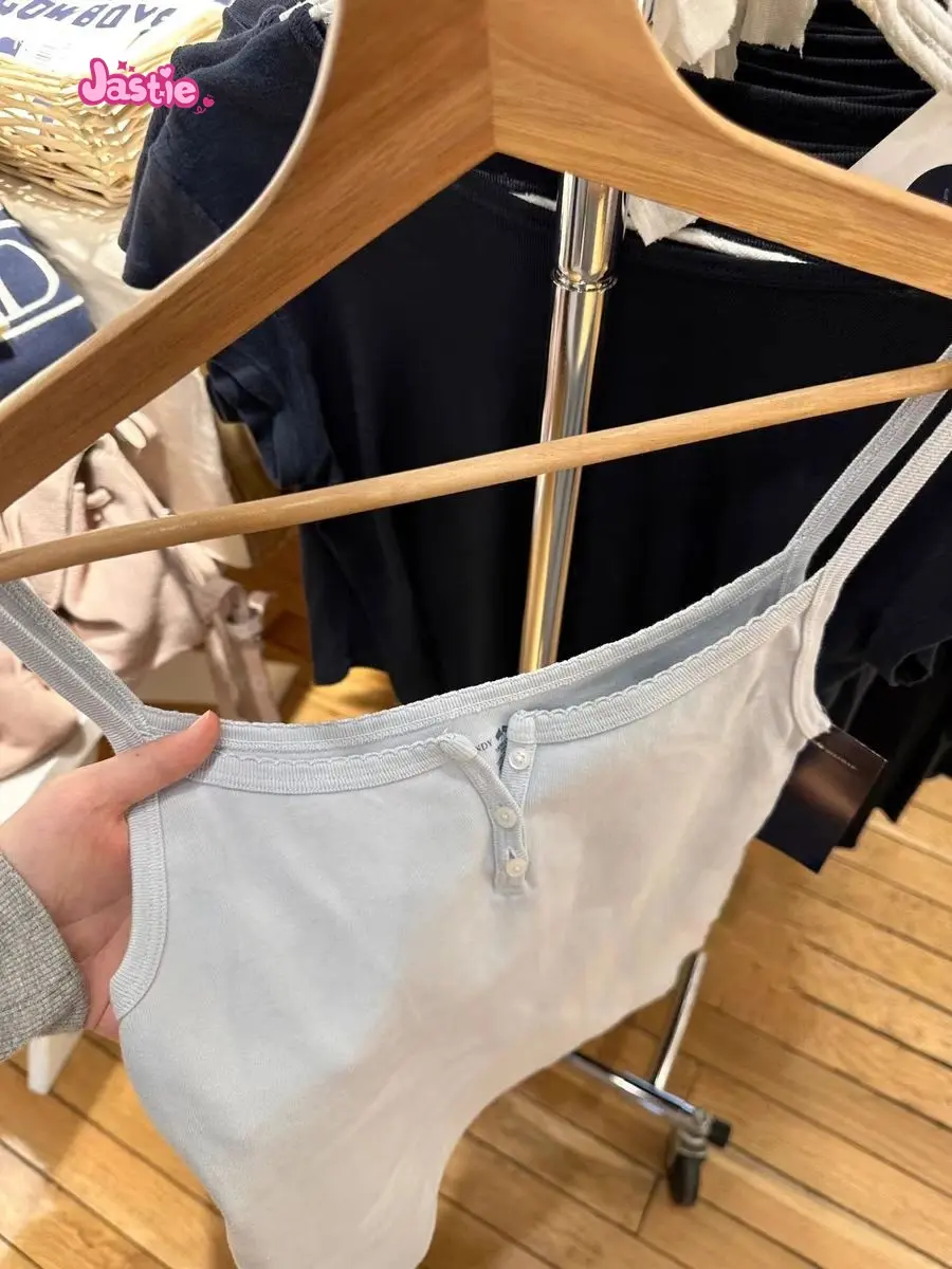 2024 Summer Blue Slim Tank Top Women Sleeveless Soft Cotton Ribbed Cropped Vest Sweet Girl Three Buttons Basic Crop Tops Y2k