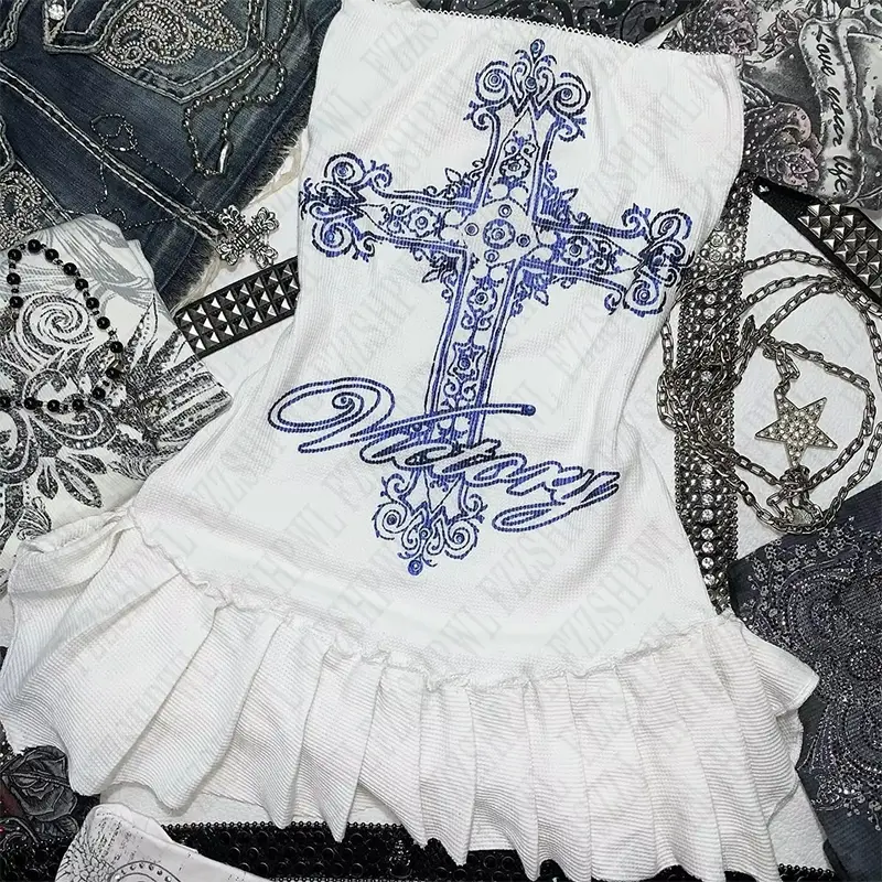Gothic Harajuku Retro Punk Y2K Women's Mini Dress Sexy Slim Chic Cross Print Dresses Vintage Emo Girls Rock Aesthetic Streetwear