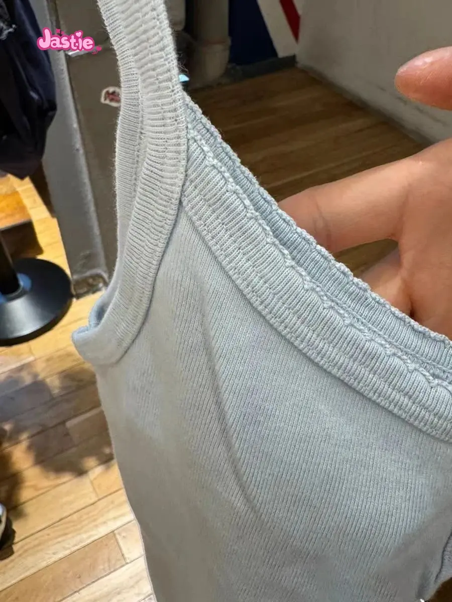 2024 Summer Blue Slim Tank Top Women Sleeveless Soft Cotton Ribbed Cropped Vest Sweet Girl Three Buttons Basic Crop Tops Y2k
