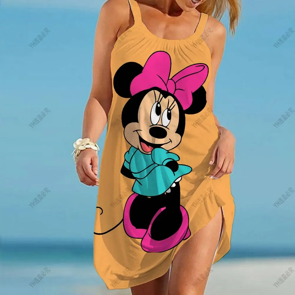 Summer Women 3D Tie Dye Rainbow Suspenders Bohemian Vintage Beachwear Girl Disney Minnie Mickey Mouse Sexy Party Beach Dress