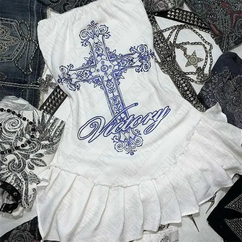 Gothic Harajuku Retro Punk Y2K Women's Mini Dress Sexy Slim Chic Cross Print Dresses Vintage Emo Girls Rock Aesthetic Streetwear