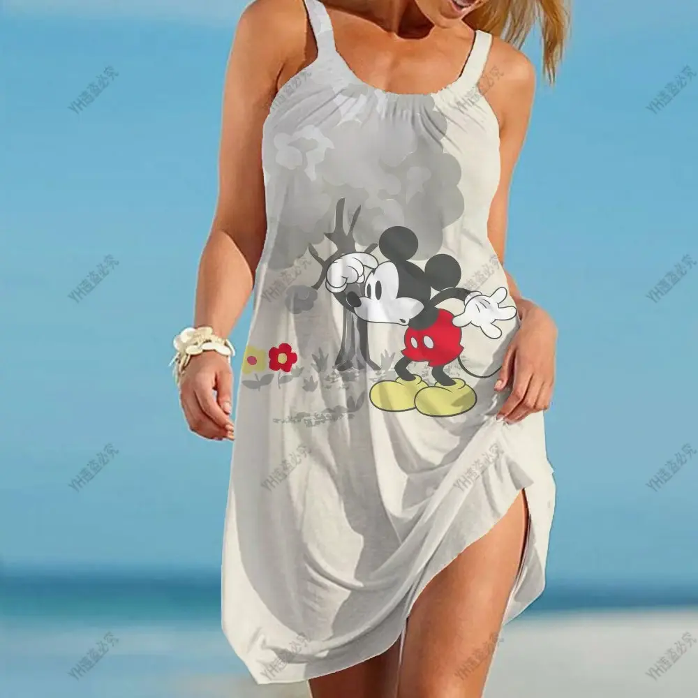 Summer Women 3D Tie Dye Rainbow Suspenders Bohemian Vintage Beachwear Girl Disney Minnie Mickey Mouse Sexy Party Beach Dress