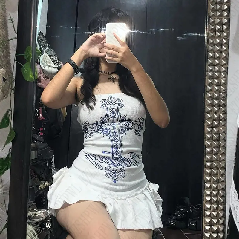 Gothic Harajuku Retro Punk Y2K Women's Mini Dress Sexy Slim Chic Cross Print Dresses Vintage Emo Girls Rock Aesthetic Streetwear