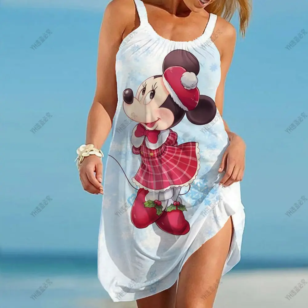 Summer Women 3D Tie Dye Rainbow Suspenders Bohemian Vintage Beachwear Girl Disney Minnie Mickey Mouse Sexy Party Beach Dress