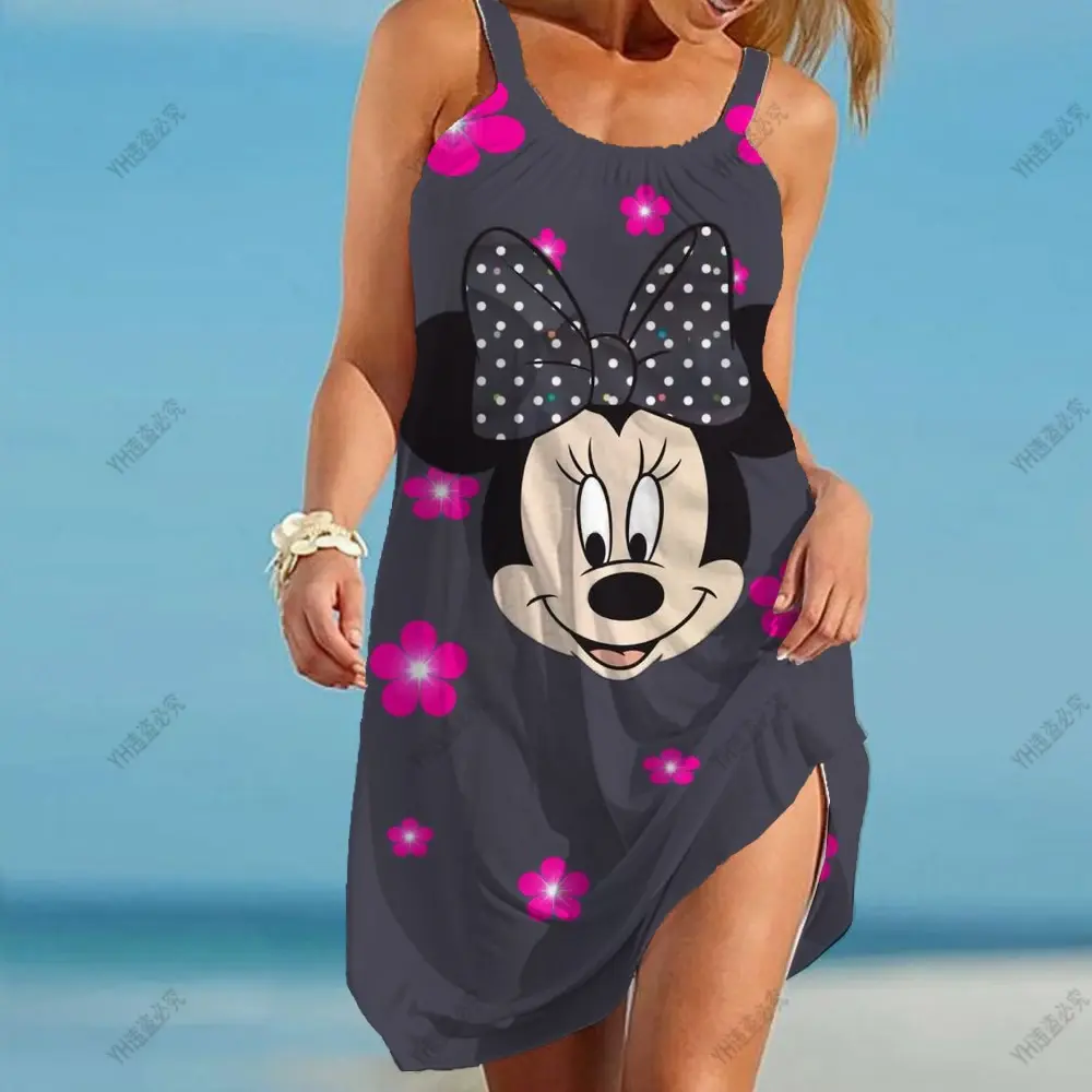 Summer Women 3D Tie Dye Rainbow Suspenders Bohemian Vintage Beachwear Girl Disney Minnie Mickey Mouse Sexy Party Beach Dress