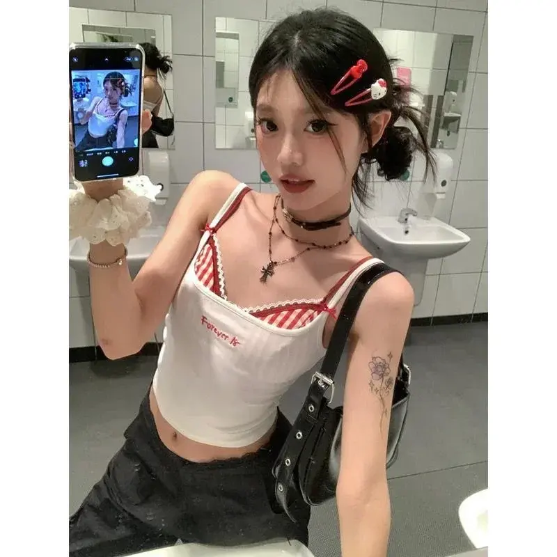 Summer Y2k Top Women Sexys Camis Crop Top with Cups Women's Sleeveless Bra Tank Tops 2000s Female Lace Plaid Corset Korean Style