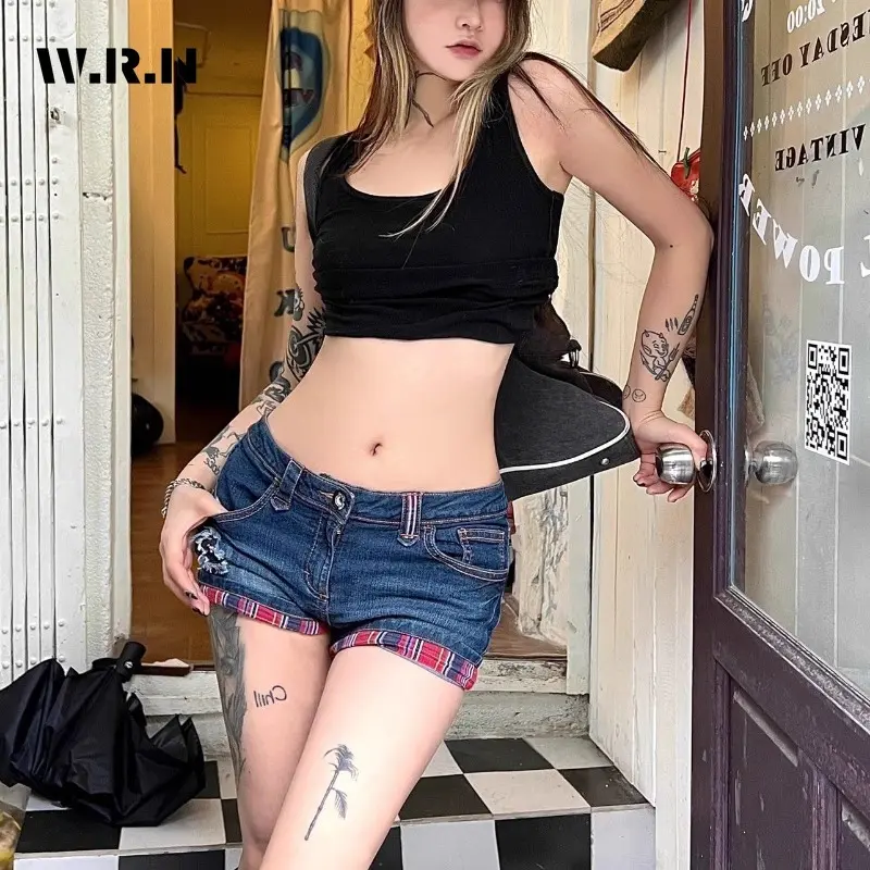 Retro Red Plaid Women Cropped Jeans Hotties Low Rise Lapel Denim Shorts Mini Booty Pants Trashy Y2k Streetwear Summer 2024