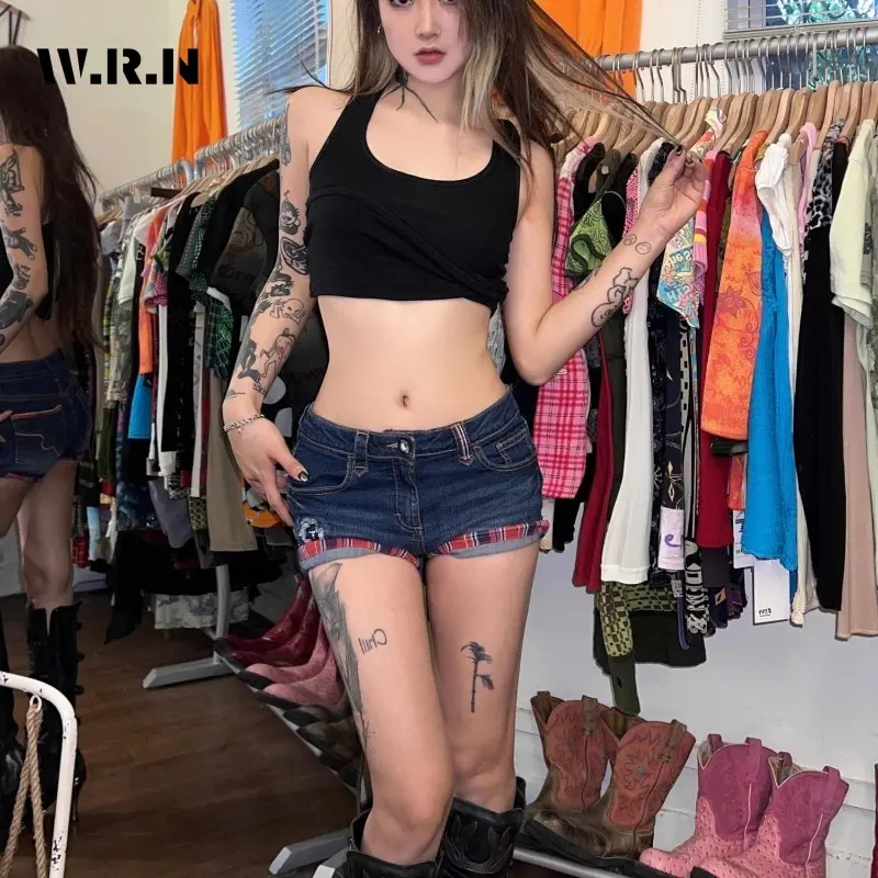 Retro Red Plaid Women Cropped Jeans Hotties Low Rise Lapel Denim Shorts Mini Booty Pants Trashy Y2k Streetwear Summer 2024