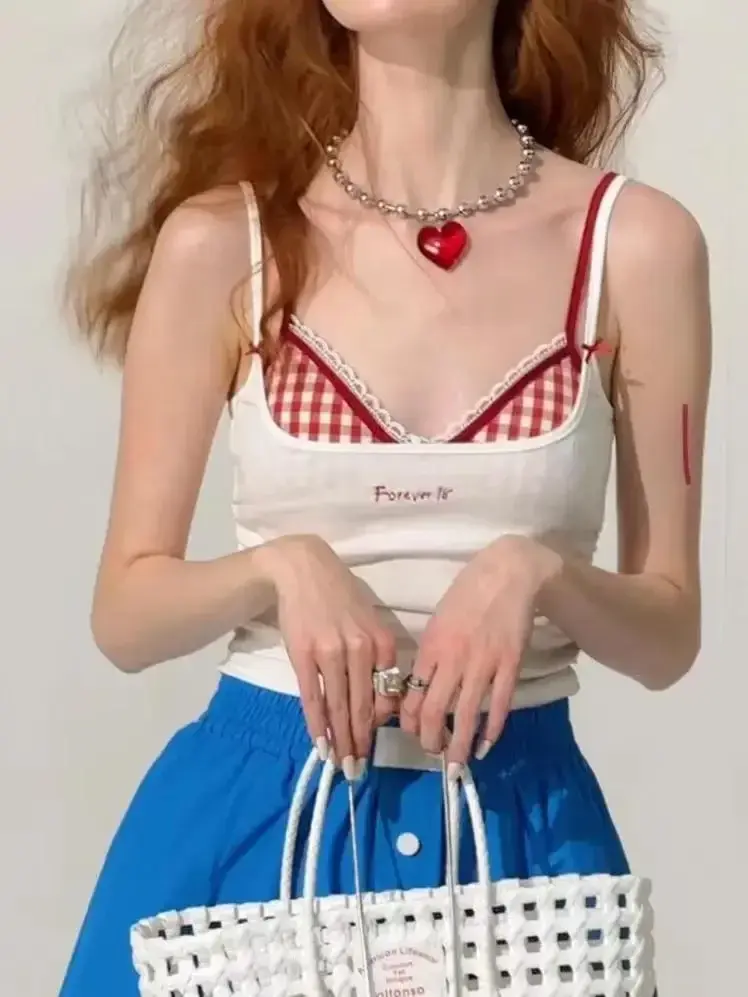 Summer Y2k Top Women Sexys Camis Crop Top with Cups Women's Sleeveless Bra Tank Tops 2000s Female Lace Plaid Corset Korean Style