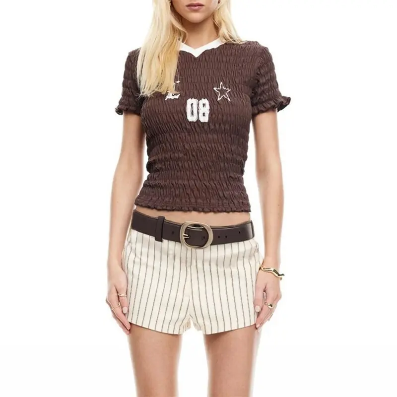 Cyber Grunge V Neck Slim Fit Blouse Tees Teen Girl Scrunched Ruched Crop Top Harajuku Y2K Aesthetic T-shirt Women High Street
