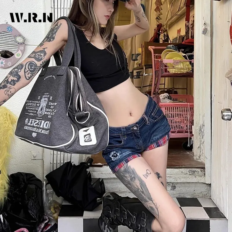 Retro Red Plaid Women Cropped Jeans Hotties Low Rise Lapel Denim Shorts Mini Booty Pants Trashy Y2k Streetwear Summer 2024