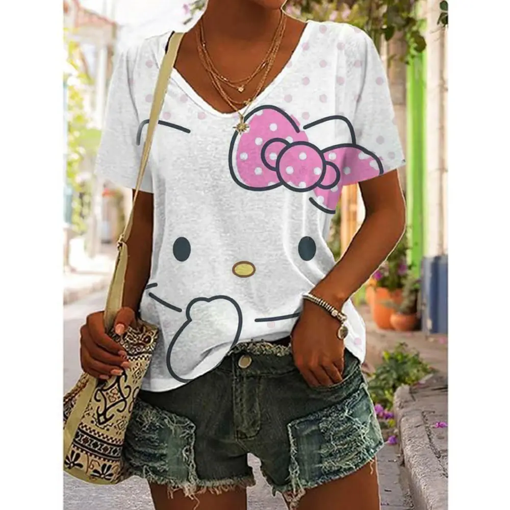 Hello Kitty Top Aesthetics Women's V-neck T-shirt Street Clothing Women's Fun Short sleeved T-shirt Fashion Girl Festival Top
