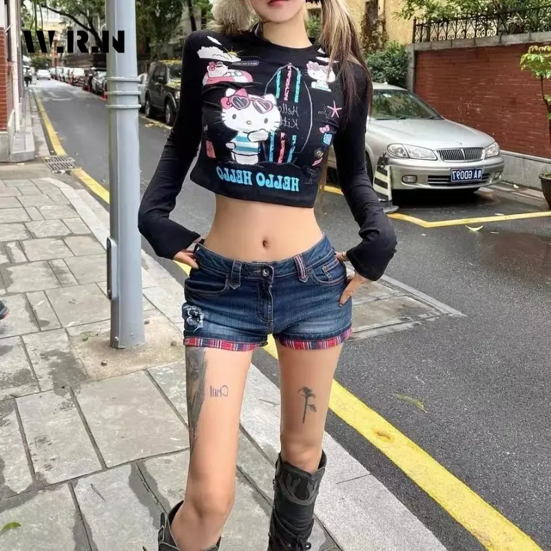 Retro Red Plaid Women Cropped Jeans Hotties Low Rise Lapel Denim Shorts Mini Booty Pants Trashy Y2k Streetwear Summer 2024