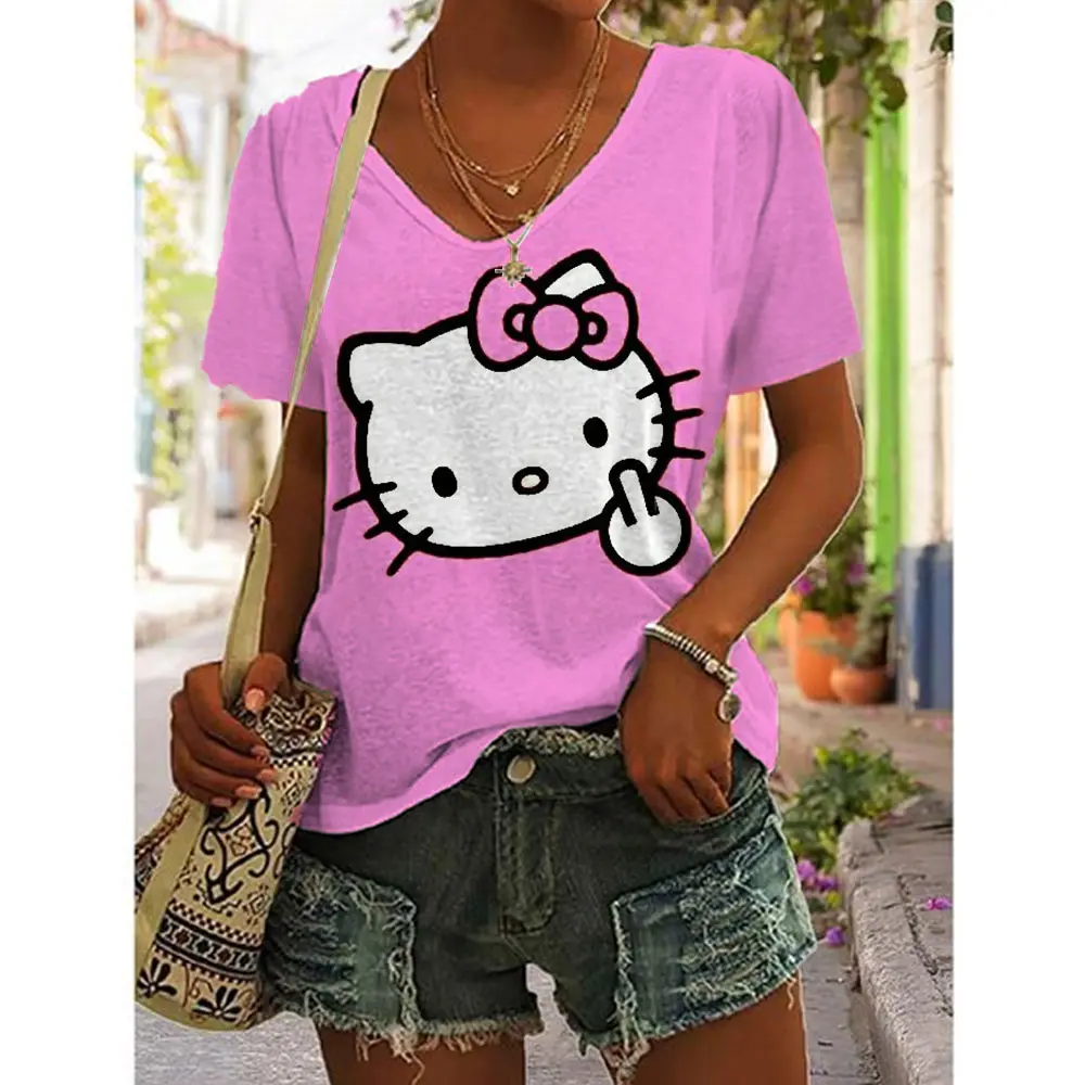 Hello Kitty Top Aesthetics Women's V-neck T-shirt Street Clothing Women's Fun Short sleeved T-shirt Fashion Girl Festival Top