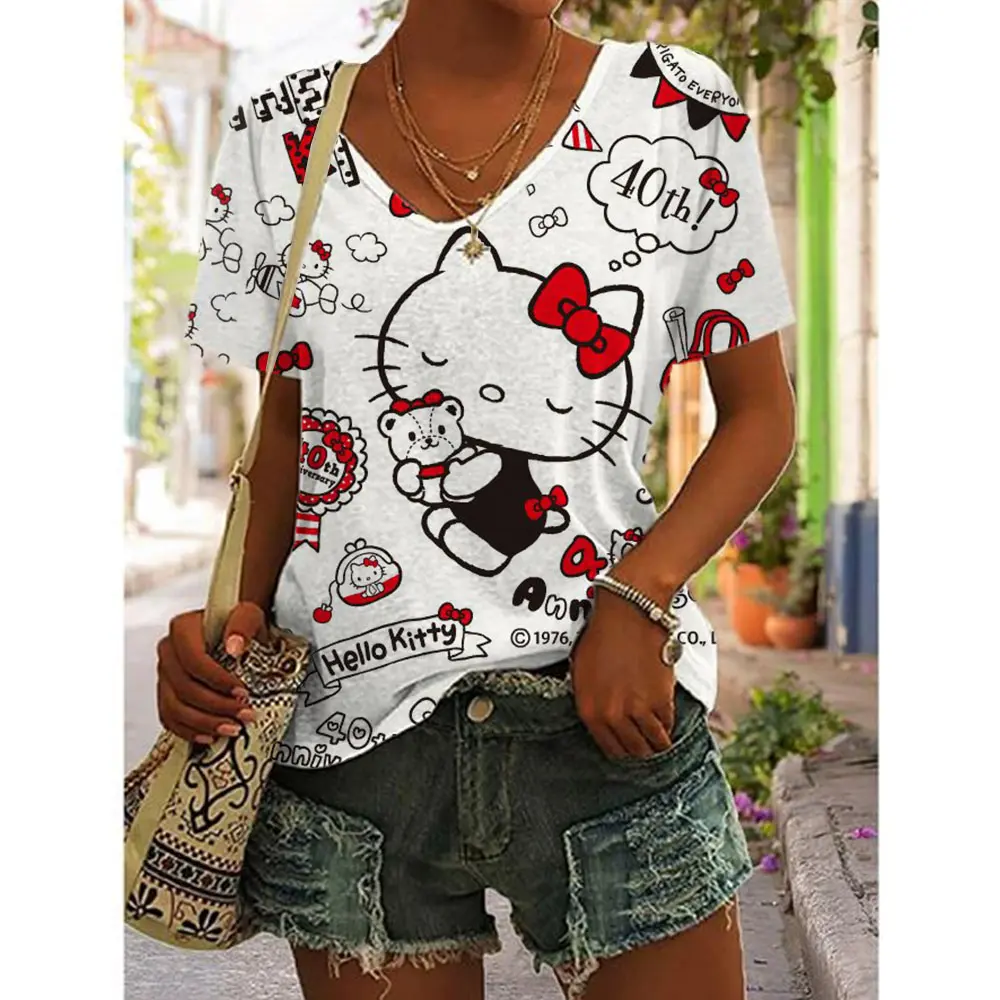 Hello Kitty Top Aesthetics Women's V-neck T-shirt Street Clothing Women's Fun Short sleeved T-shirt Fashion Girl Festival Top