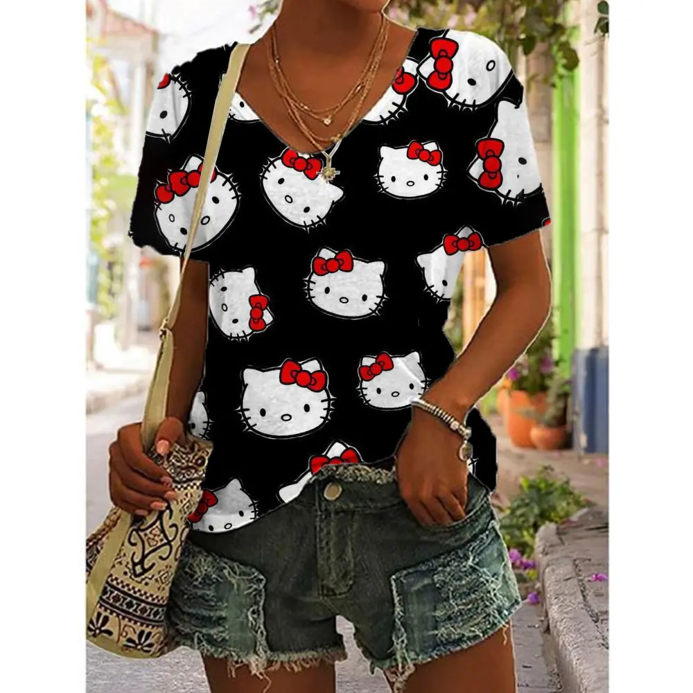 Hello Kitty Top Aesthetics Women's V-neck T-shirt Street Clothing Women's Fun Short sleeved T-shirt Fashion Girl Festival Top